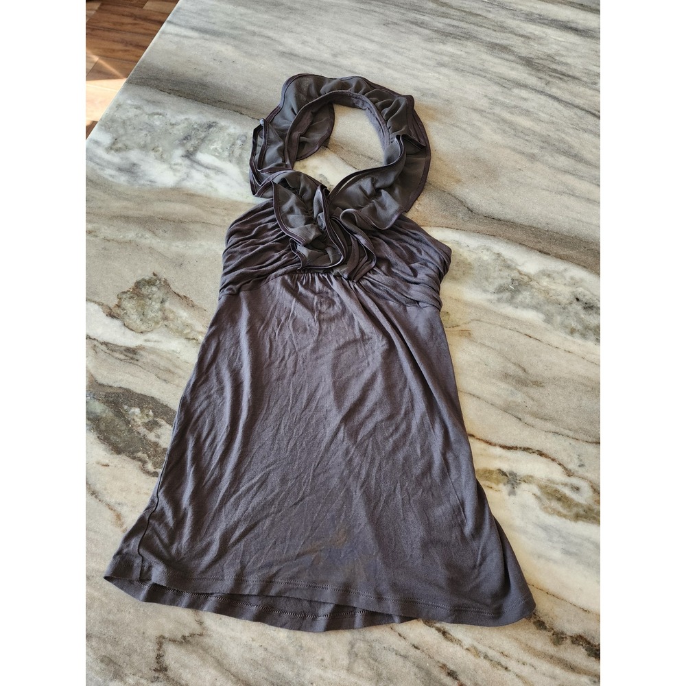 Express Y2K Gray Ruffle Neck Halter Top Ruched Empire Waist Babydoll XS
